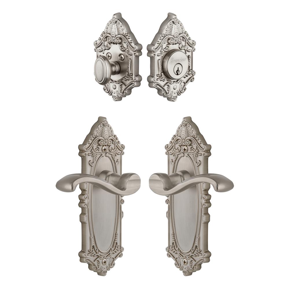Grandeur by Nostalgic Warehouse Single Cylinder Combo Pack Keyed Differently - Grande Victorian Plate with Portofino Lever and Matching Deadbolt in Satin Nickel